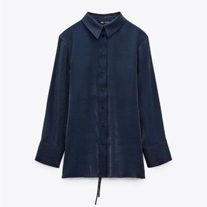 Zara Navy Wrinkled Satin Effect Shirt